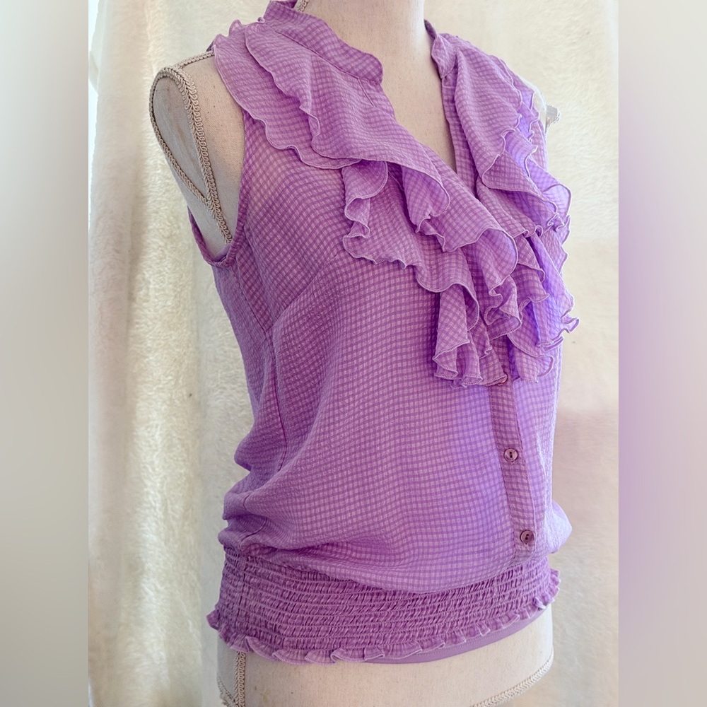 BCX Y2K Women's Lavender Ruffled Gingham Sleeveless Career Office Work Top Small - Picture 2 of 16